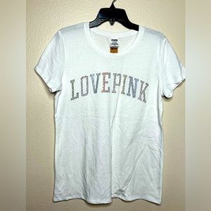🇺🇸 Victoria Secret Pink White Top With Multicolored Rhinestone Lettering